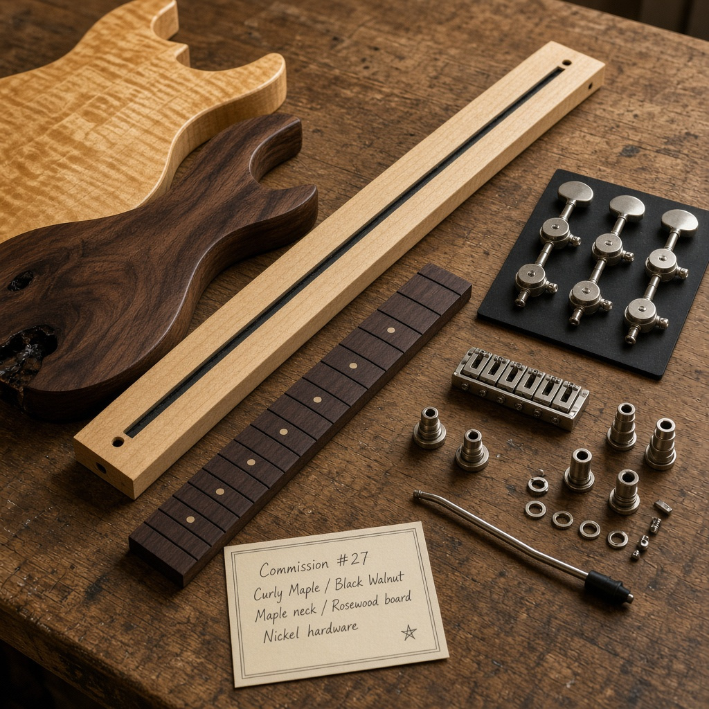 Selected tonewoods and guitar components for a custom commission