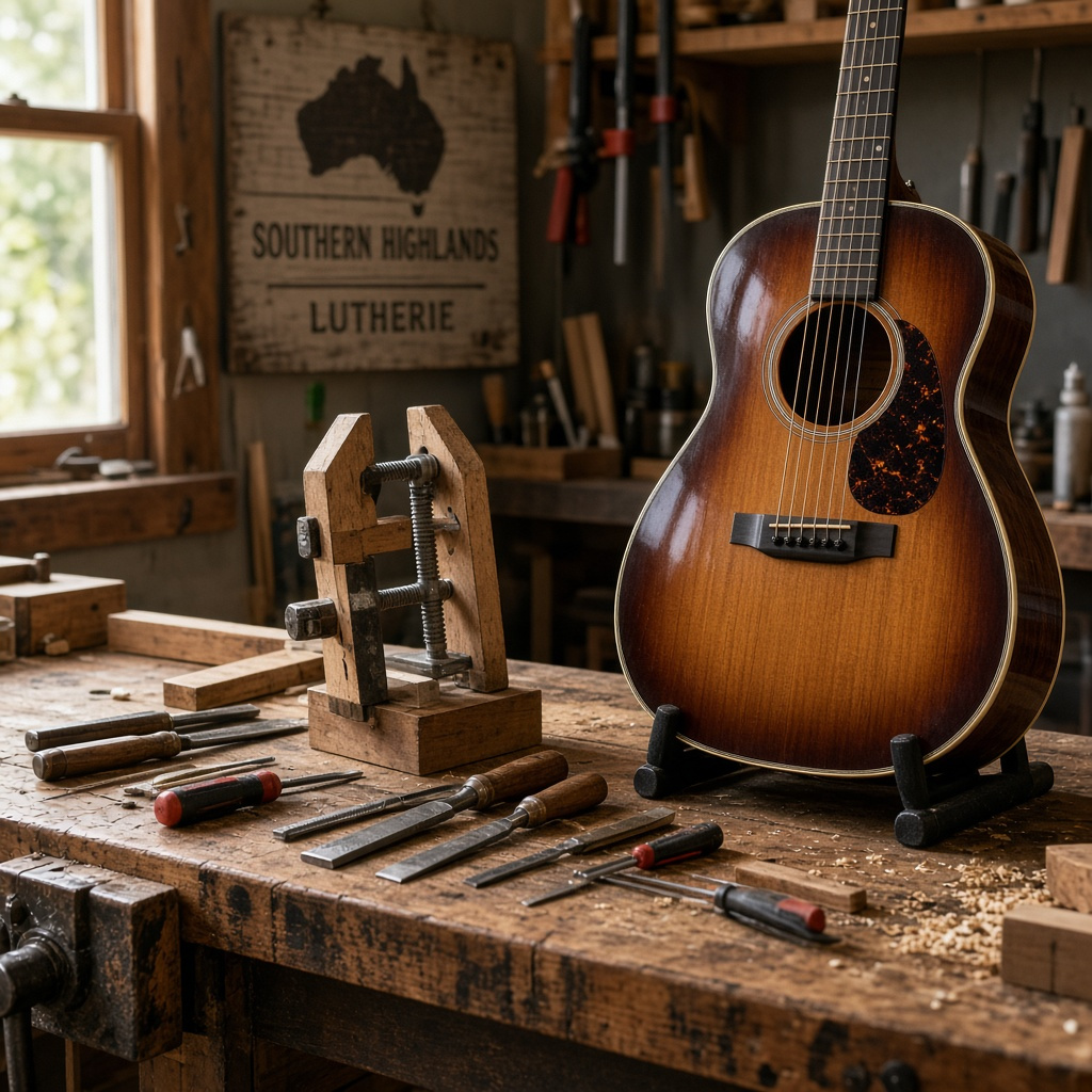 Repair bench with tools and a finished guitar