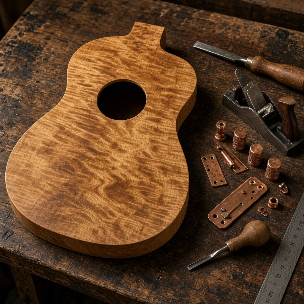 Figured timber guitar top beside hand tools