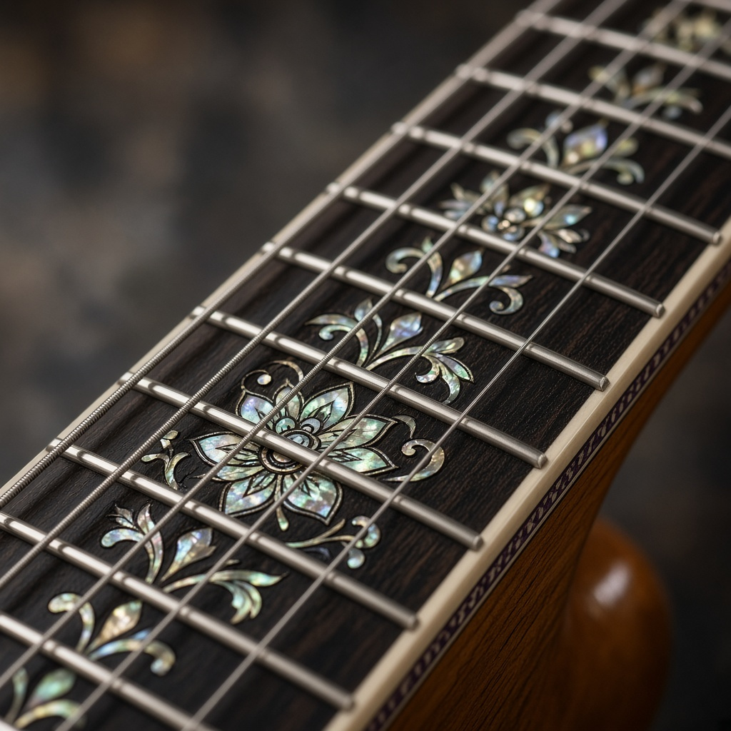 Detailed fretboard inlay on a custom guitar neck