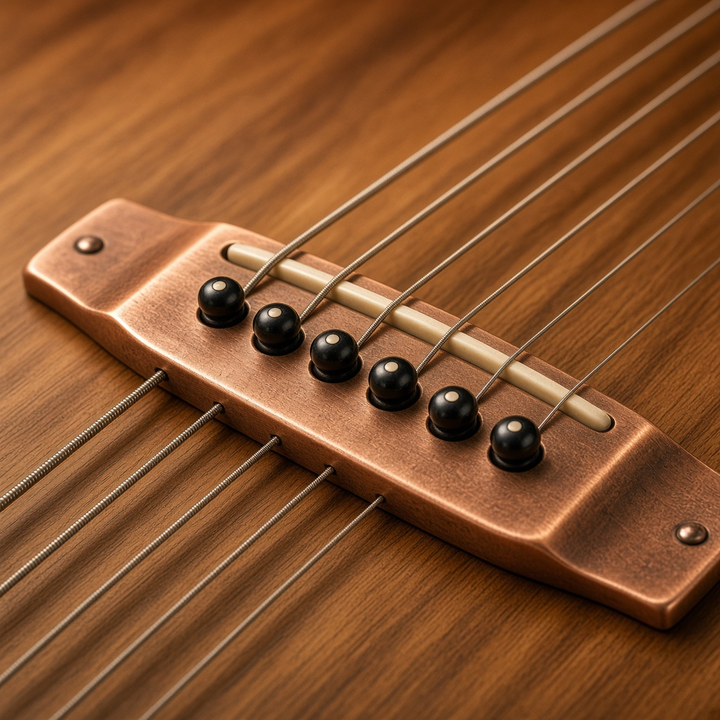 Copper bridge mounted on a warm timber guitar body