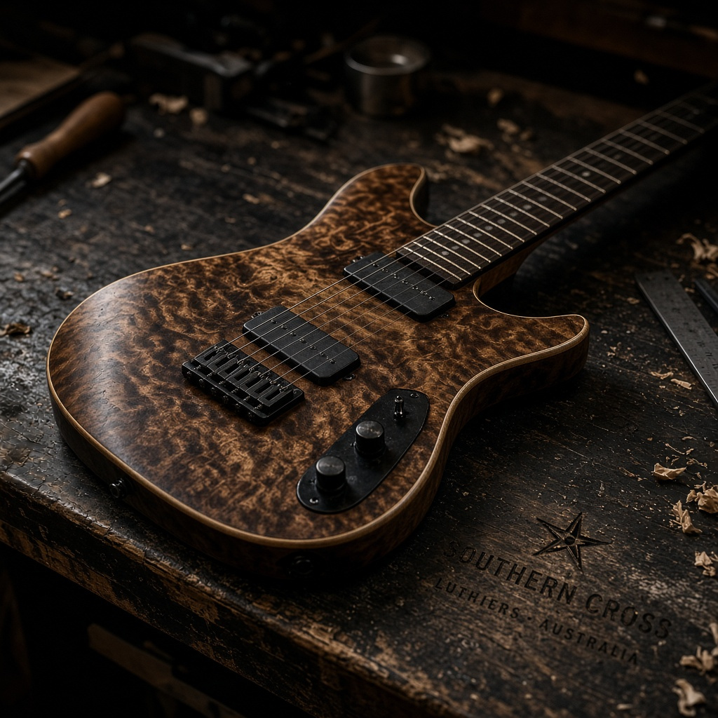 Bespoke electric guitar resting on a dark workshop bench